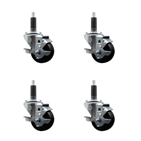 Service Caster 3'' SS Hard Rubber Swivel 1'' Expanding Stem Caster Set with Brake, 4PK SCC-SSEX20S314-HRS-TLB-1-4